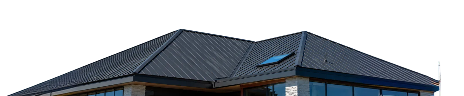 Dark standing-seam metal roof with a skylight and flue